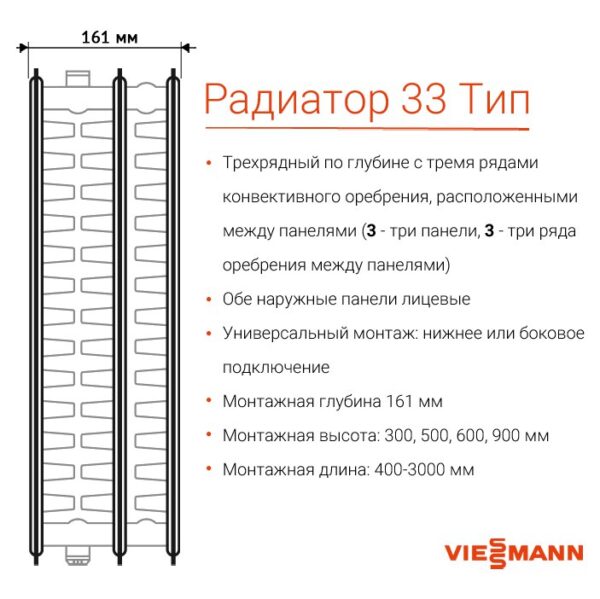 Радиатор тип 33 300 x 1000 «Viessmann» универсальный