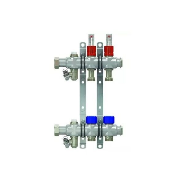 Коллекторная группа НГ 1″, 2 контура 3/4″ EK «ELSEN» с вентилями и расходомерами, нержавеющая сталь