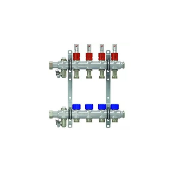 Коллекторная группа НГ 1″, 4 контура 3/4″ EK «ELSEN» с вентилями и расходомерами, нержавеющая сталь