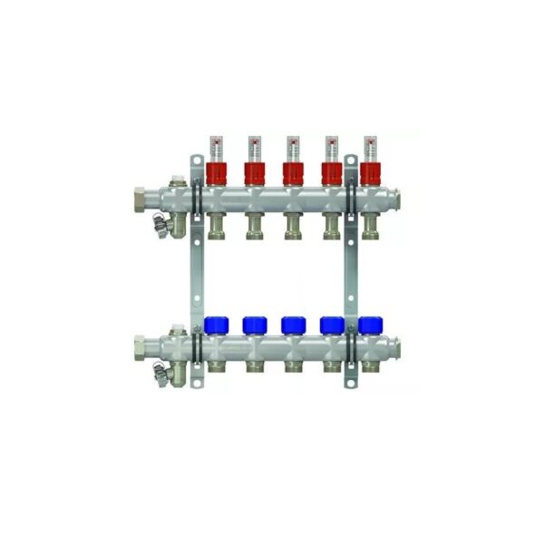 Коллекторная группа НГ 1″, 5 контуров 3/4″ EK «ELSEN» с вентилями и расходомерами, нержавеющая сталь