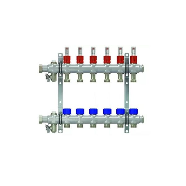 Коллекторная группа НГ 1″, 6 контуров 3/4″ EK «ELSEN» с вентилями и расходомерами, нержавеющая сталь