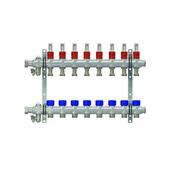 Коллекторная группа НГ 1″, 8 контуров 3/4″ EK «ELSEN» с вентилями и расходомерами, нержавеющая сталь