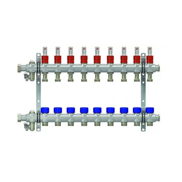 Коллекторная группа НГ 1″, 9 контуров 3/4″ EK «ELSEN» с вентилями и расходомерами, нержавеющая сталь