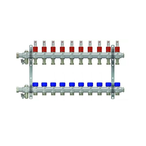 Коллекторная группа НГ 1″, 10 контуров 3/4″ EK «ELSEN» с вентилями и расходомерами, нержавеющая сталь