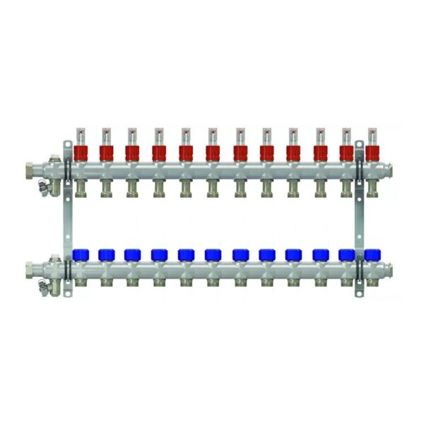 Коллекторная группа НГ 1″, 12 контуров 3/4″ EK «ELSEN» с вентилями и расходомерами, нержавеющая сталь