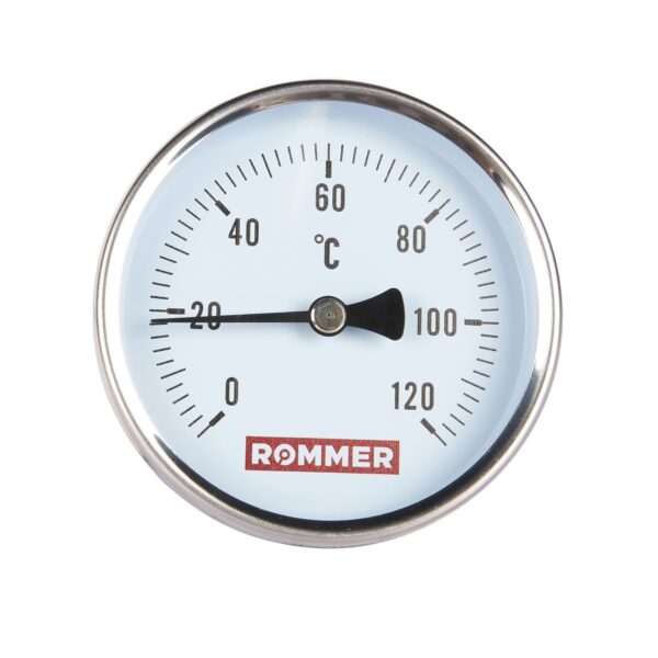 ROMMER Термометр биметаллический с погружной гильзой. Корпус Dn 80 мм, гильза 75 мм 1/2 , 0…120°С